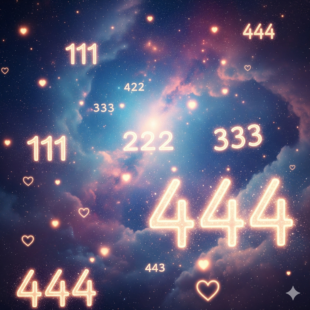Glowing angel numbers 111, 222, 444 in a cosmic sky.