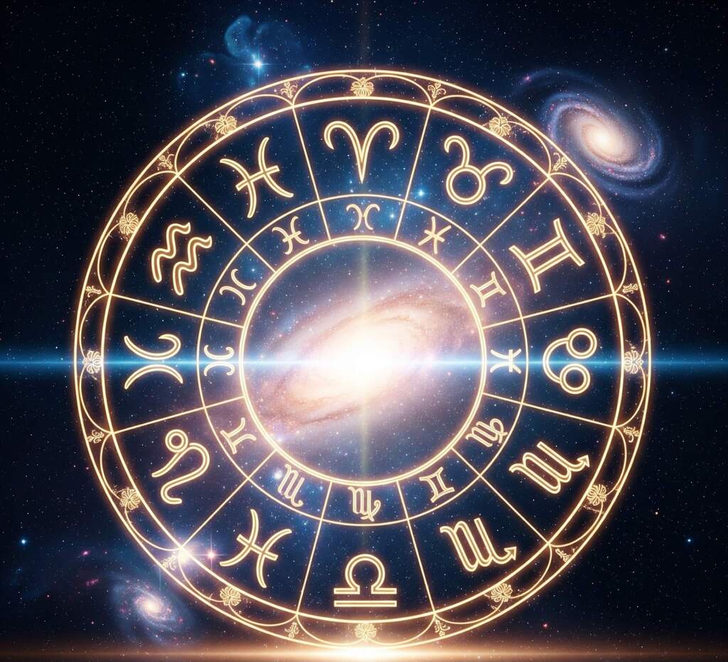 A beautiful artistic image of the zodiac wheel glowing against a cosmic background.