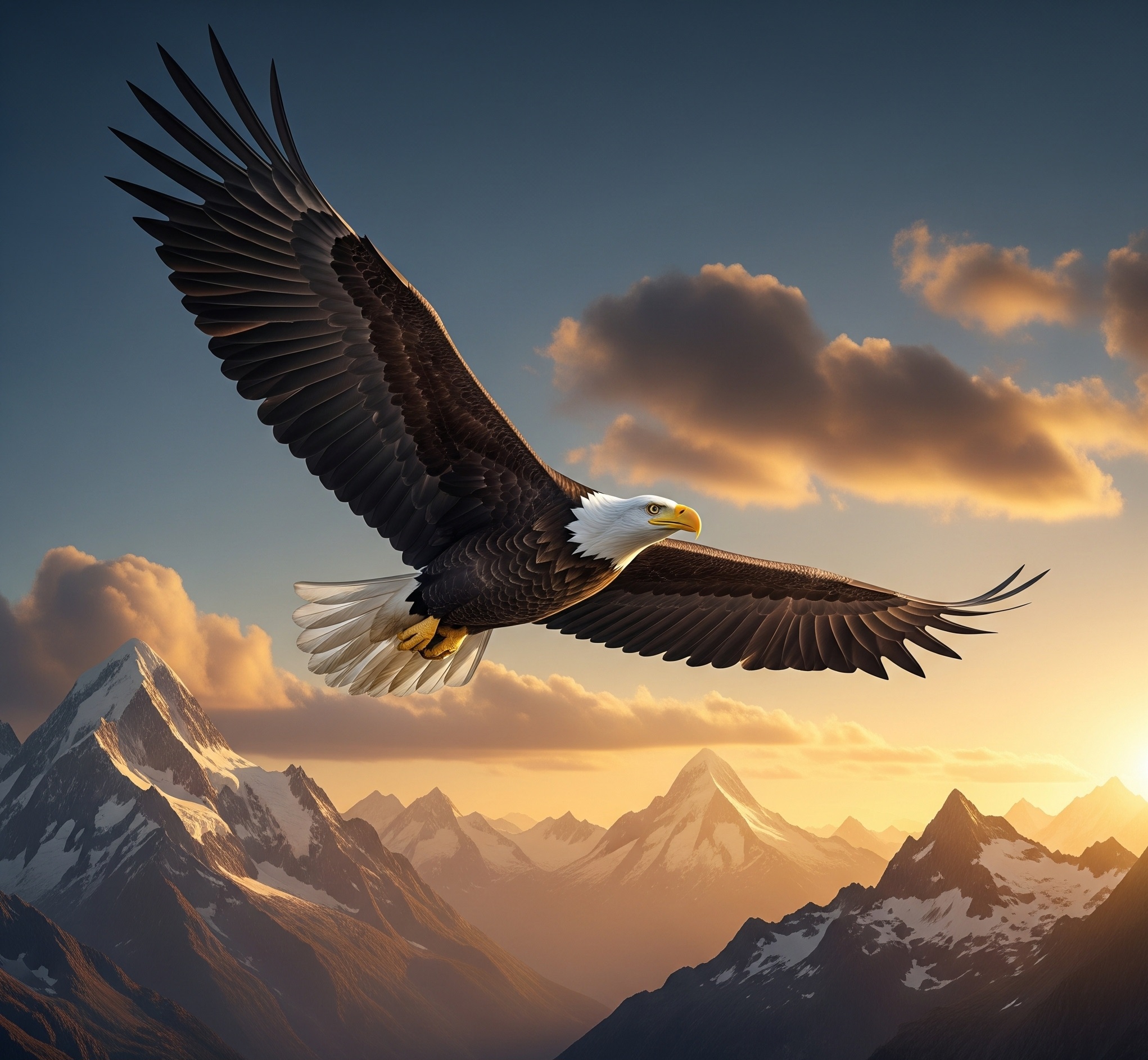 A powerful and inspiring image of a lone eagle soaring high above a mountain range at sunrise, symbolizing the spirit of Life Path 1.