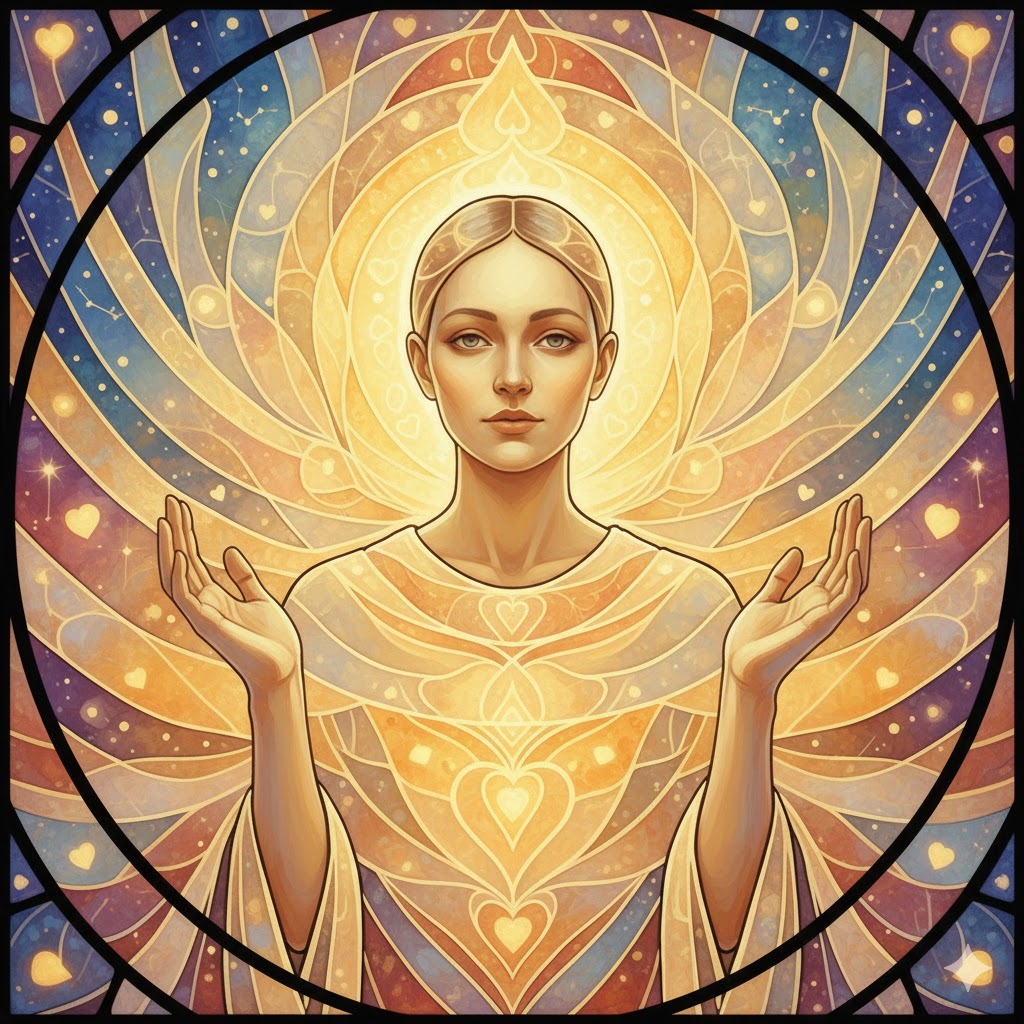 A serene image of light radiating from a figure, symbolizing profound wisdom, healing, and compassionate service to humanity.