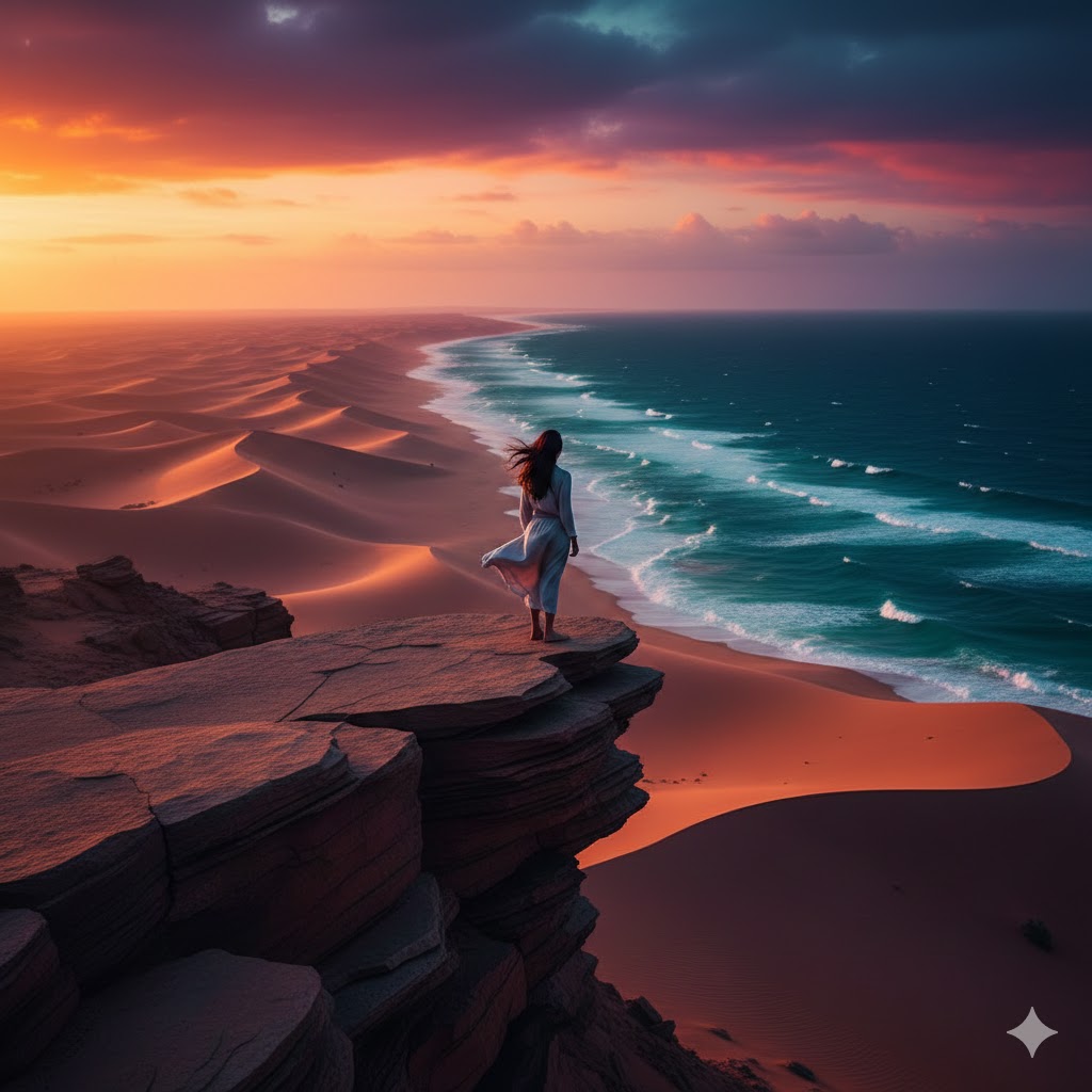 A single figure standing on the edge of a cliff or mountain, facing a vibrant, shifting desert landscape or distant ocean waves, symbolizing freedom and adventure.