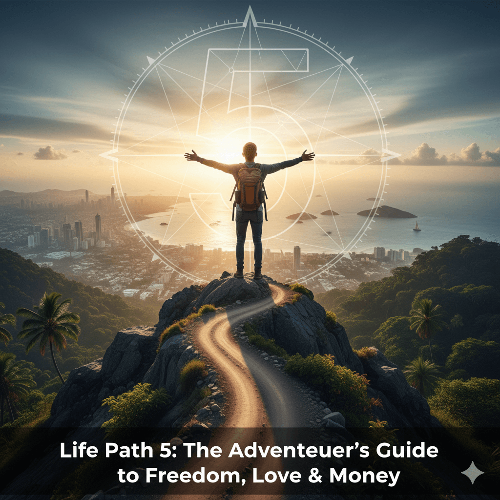 Life Path 5 man standing on a mountain with a compass, symbolizing freedom and adventure.