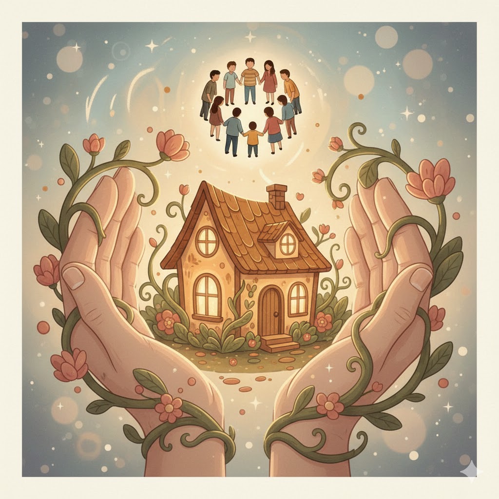 A serene image of a family or a hand holding a seed, symbolizing care, responsibility, and nurturing energy, with the number 6 subtly in the background.