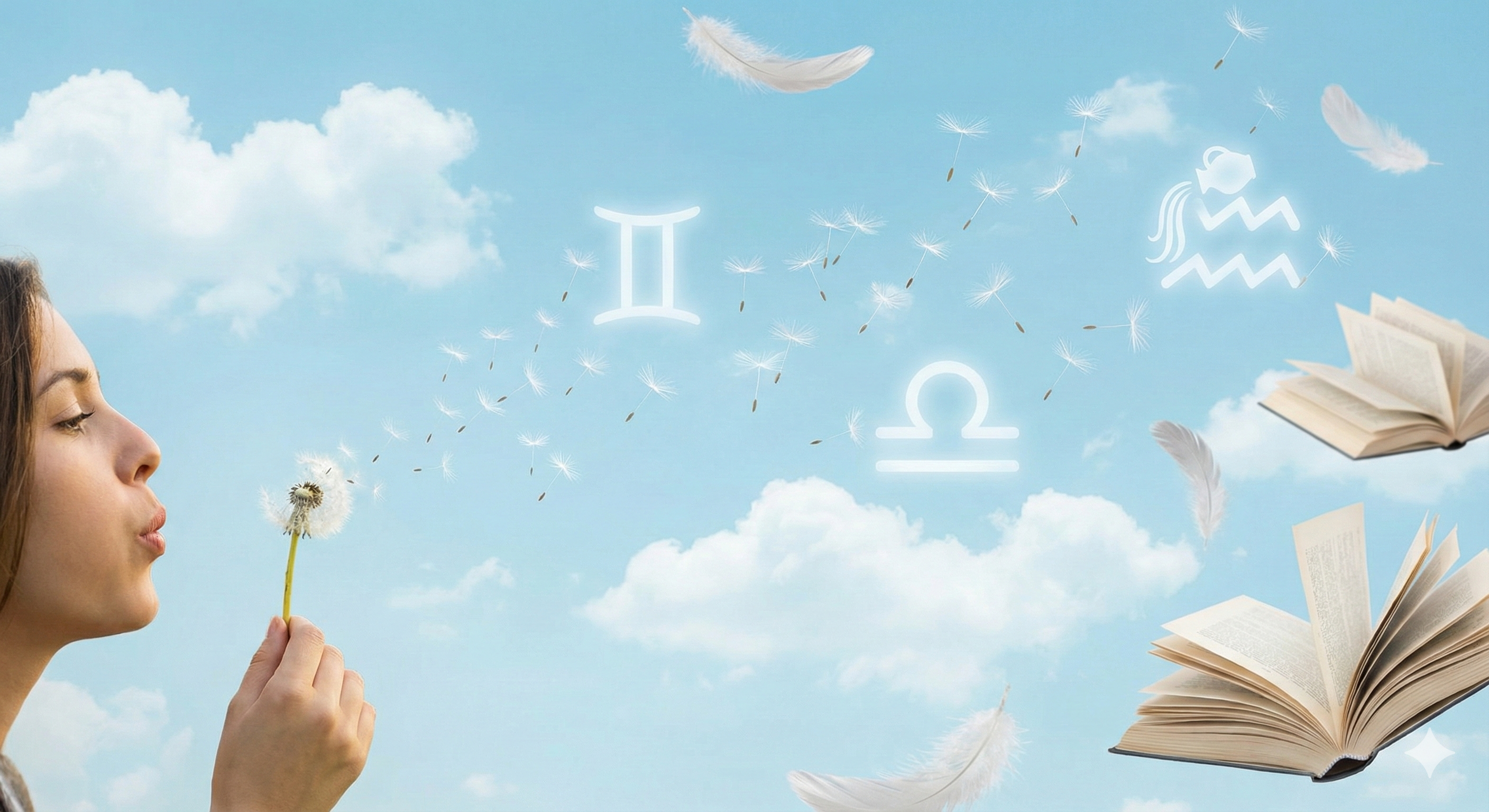 A flowing, intellectual image representing Air signs, featuring wispy clouds and abstract geometric shapes.