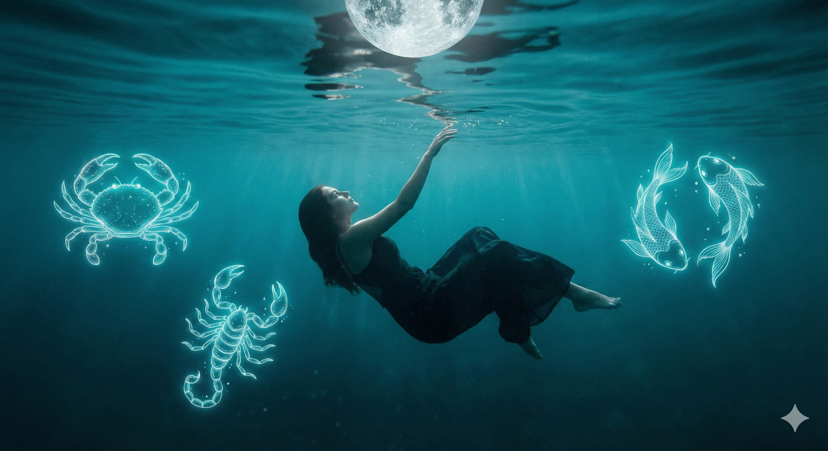 A deep, emotional image symbolizing the Water element, featuring calm water and reflective light.